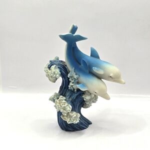 Vintage Nautical Blue 2 Dolphins Surfing Statue Sculptures 5" H Art Deco MRH